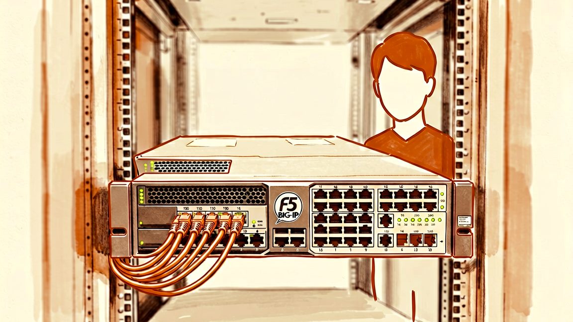 Front panel of an F5 BIG‑IP hardware appliance (network security/load‑balancer device) mounted in a data‑center rack